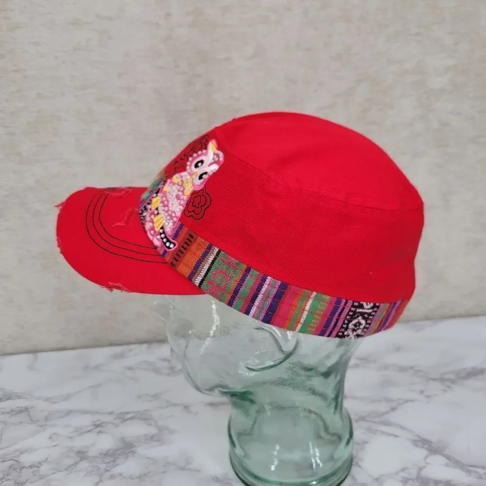 Y2K Red Owl Embroidered Cap Hat Distressed